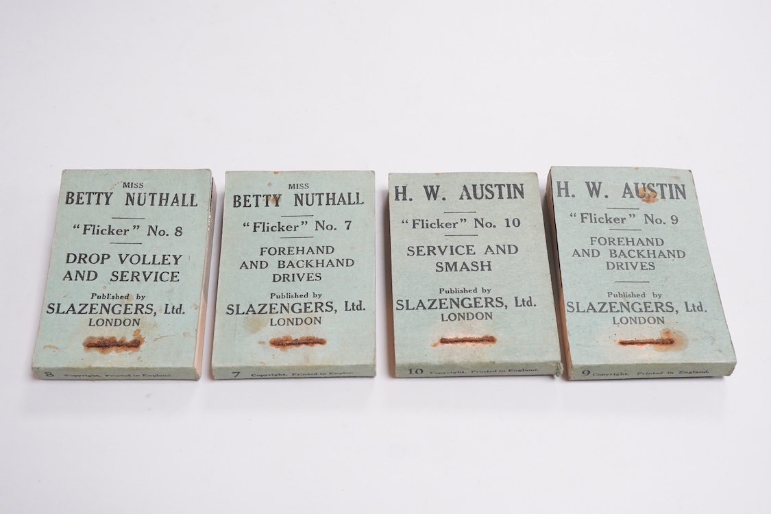 Four 1920s Slazengers tennis ‘flicker’ books, depicting H&W Austin service and smash and forehand and backhand drives and Miss Betty Nuthall forehand and backhand drives and drop volley and service, 7-10 in the set.